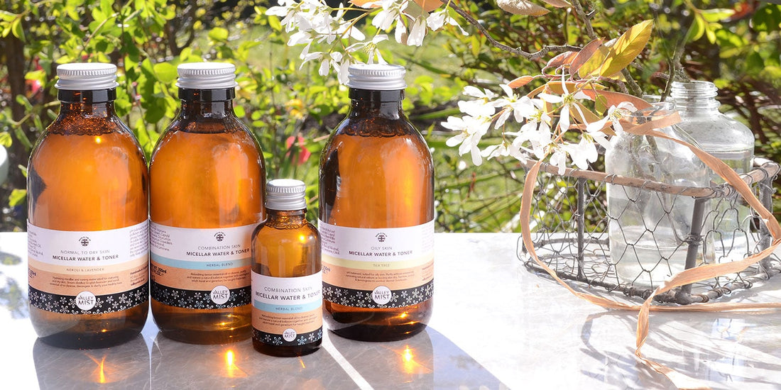 Valley Mist alcohol-free micellar water and toner range in glass bottles — natural, vegan toners for combination, dry, and oily skin