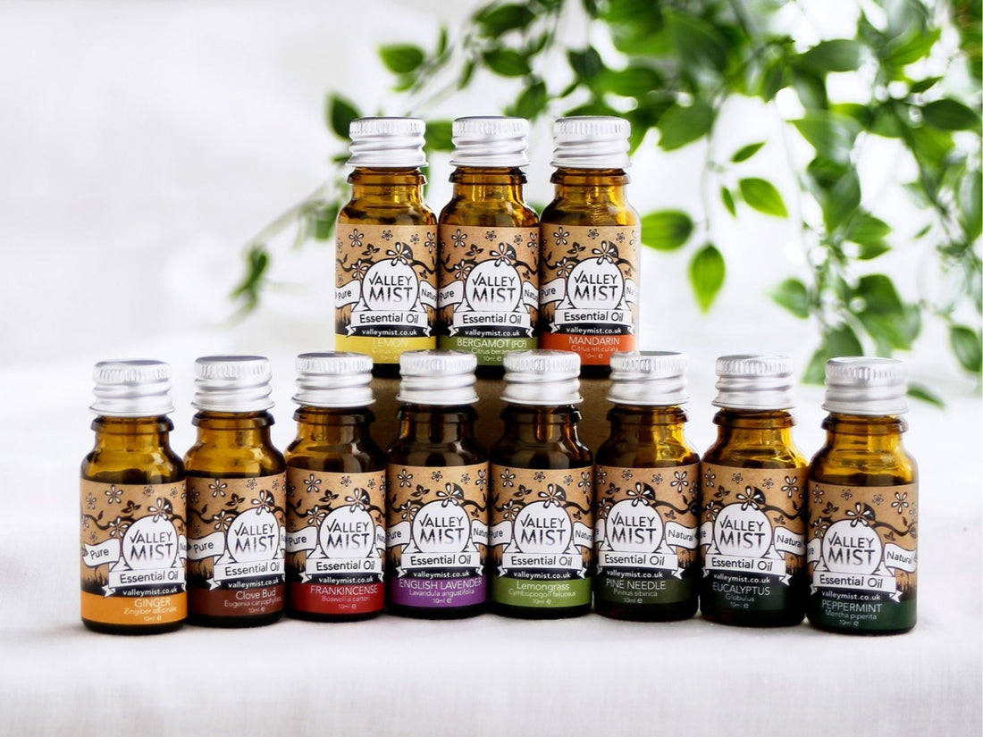 Valley Mist pure steam distilled essential oils collection in amber glass bottles — UK-made, family distilled, natural aromatherapy oils