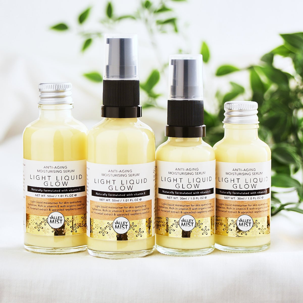 Valley Mist award-winning emulsifier-free moisturiser for dry and mature skin – four glass bottle sizes shown: 50ml and 30ml, each available with a pump dispenser or refillable metal cap to reduce plastic waste