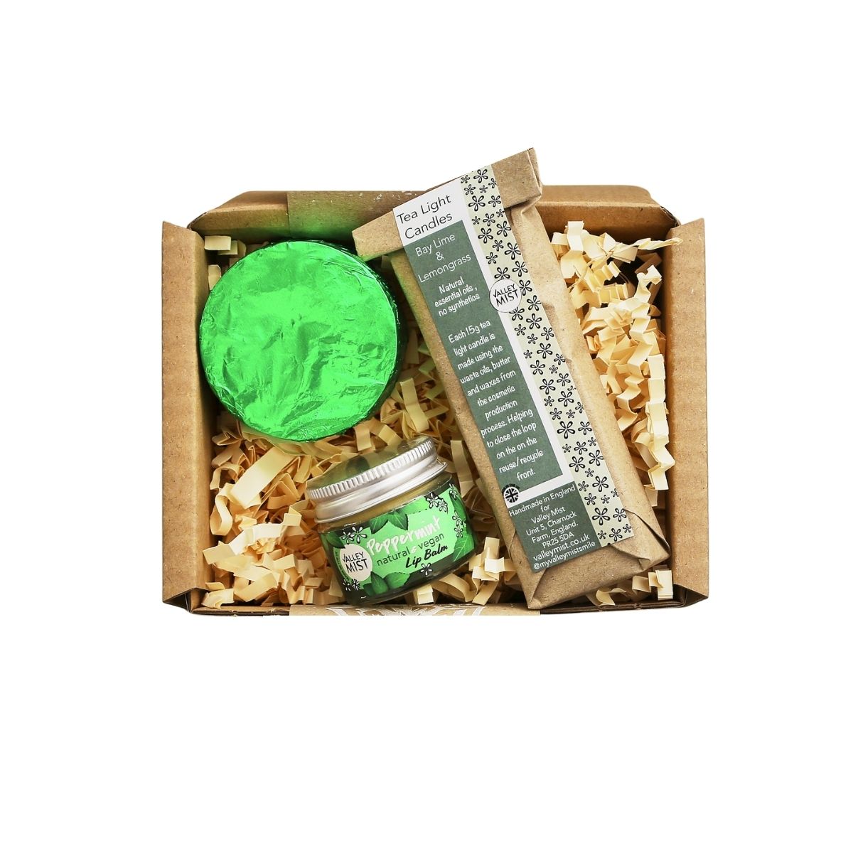 Natural gift box under £25 — lip balms, tea lights and massage bar, handmade in Lancashire, England by Valley Mist