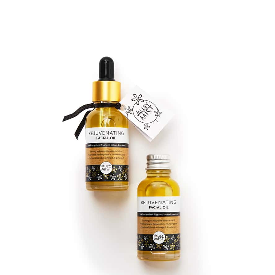 Valley Mist bestselling facial oils – pipette bottle and refillable metal cap option to reduce plastic waste