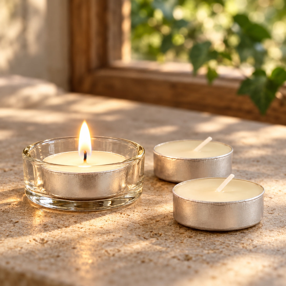 Three silver tea light candles, including one lit in a clear glass holder, arranged on a sunlit stone surface with a blurred window and greenery in the background.