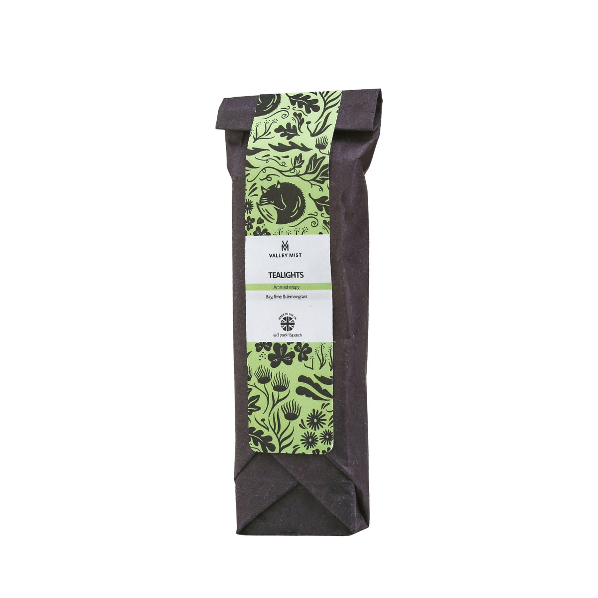 Valley Mist Bay, Lime & Lemongrass aromatherapy tea lights with pure essential oils, pack of three in black paper packaging with a green botanical label.