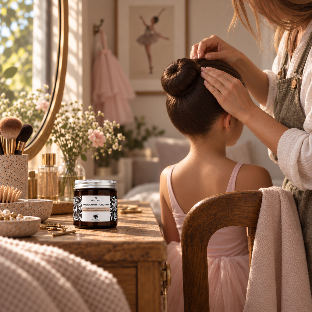 A woman styles a young girl's hair into a high bun in a warm, decorated room. A jar of hair wax is visible on the vanity table in the foreground.