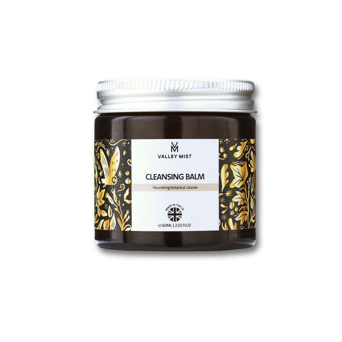 A jar of Valley Mist natural cleansing balm in amber glass jar on white background