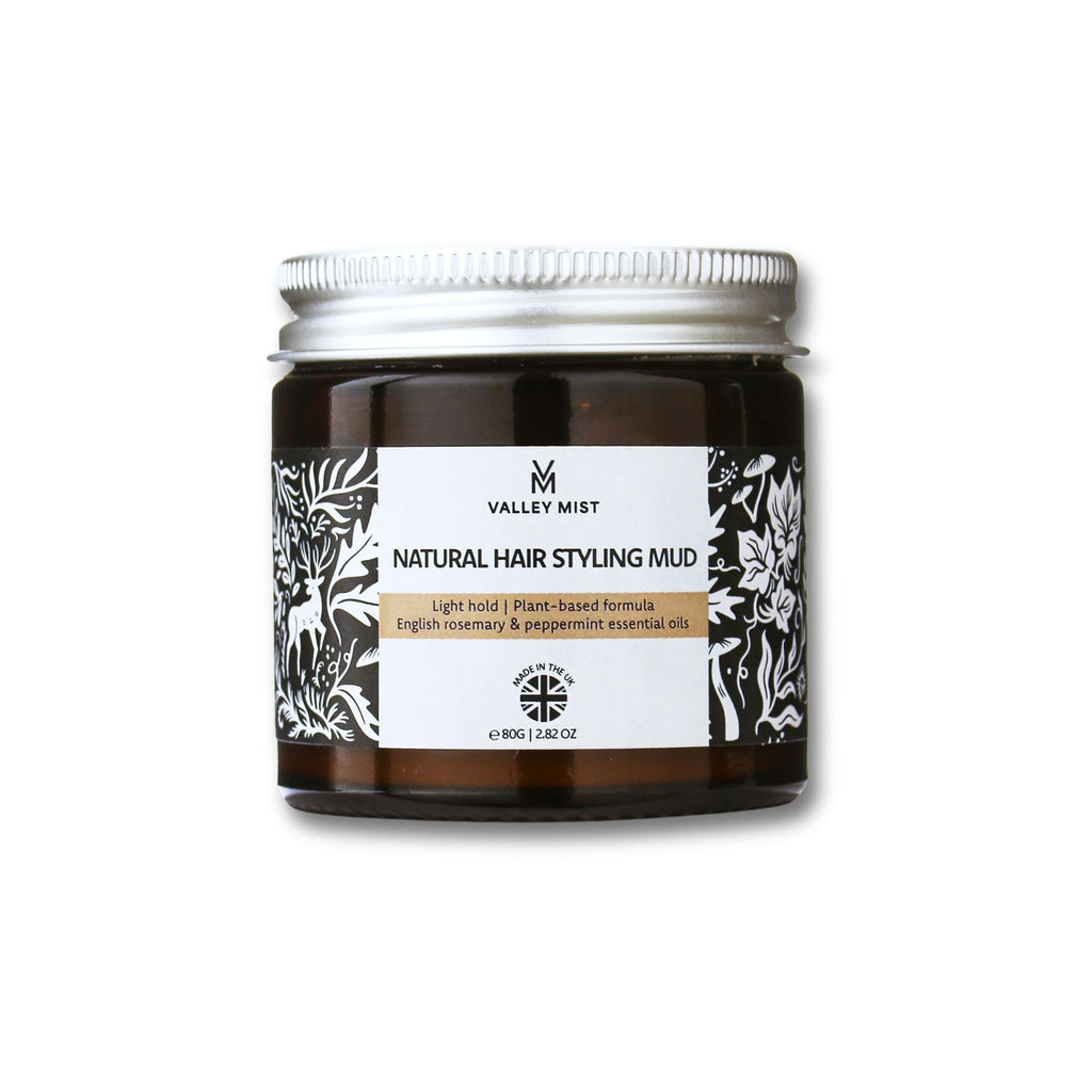 Natural hair styling mud handmade by Valley Mist in glass jar