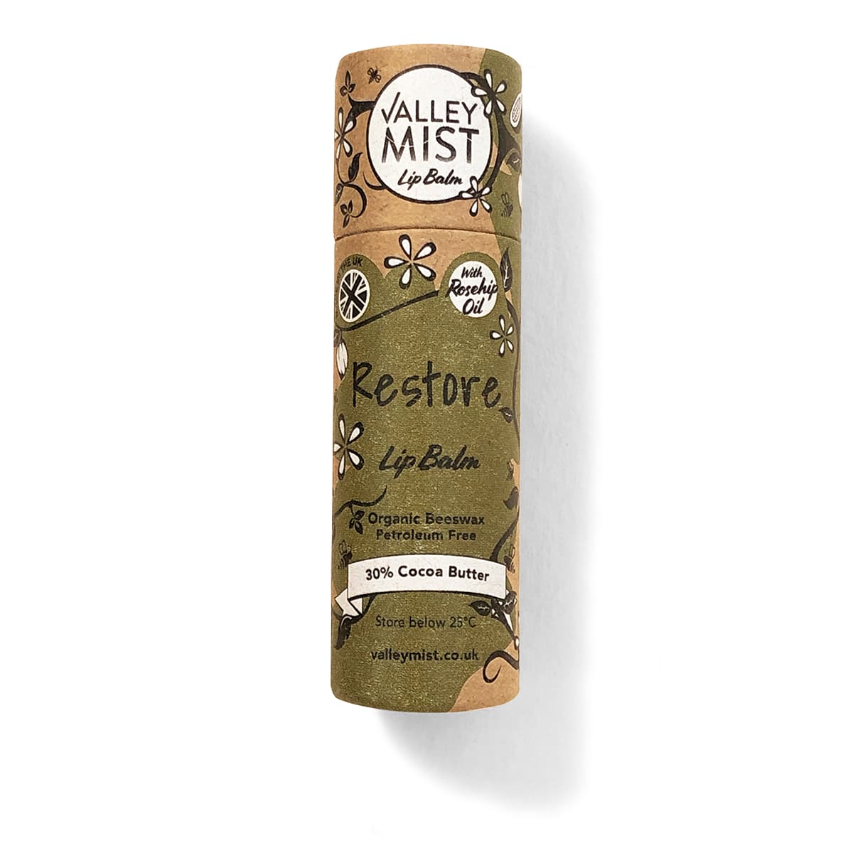 Restore cocoa butter lip balm with frankincense and geranium in eco packaging – Valley Mist