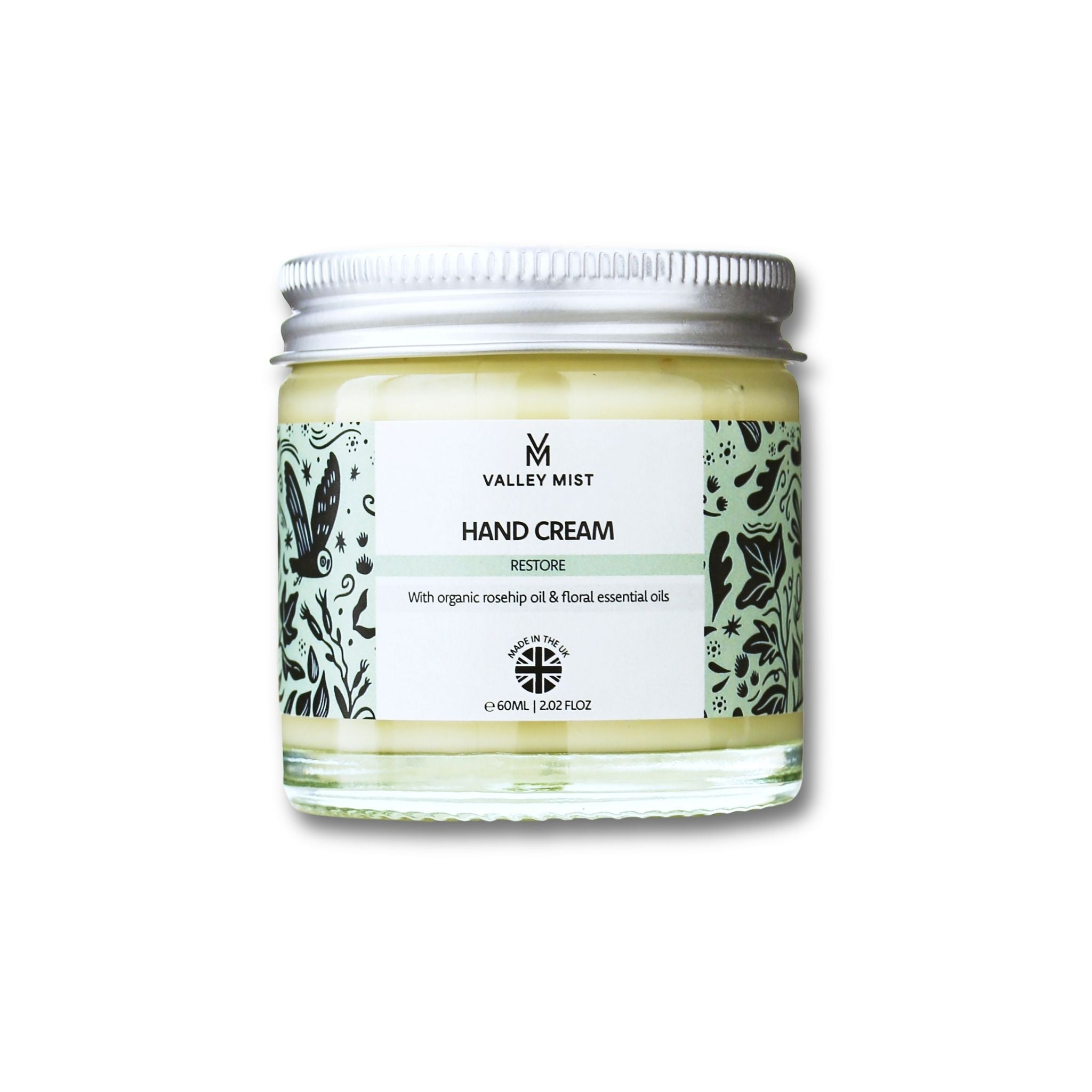 Valley Mist Hand Cream Restore 60ml for dry hands in a glass jar on a white background