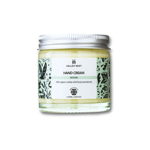 Valley Mist Hand Cream Restore 60ml for dry hands in a glass jar on a white background