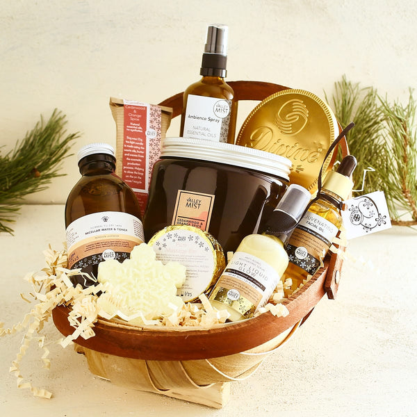 Luxury Golden Treats gift hamper with natural skincare, wellness products, candles and Fairtrade chocolate – Valley Mist