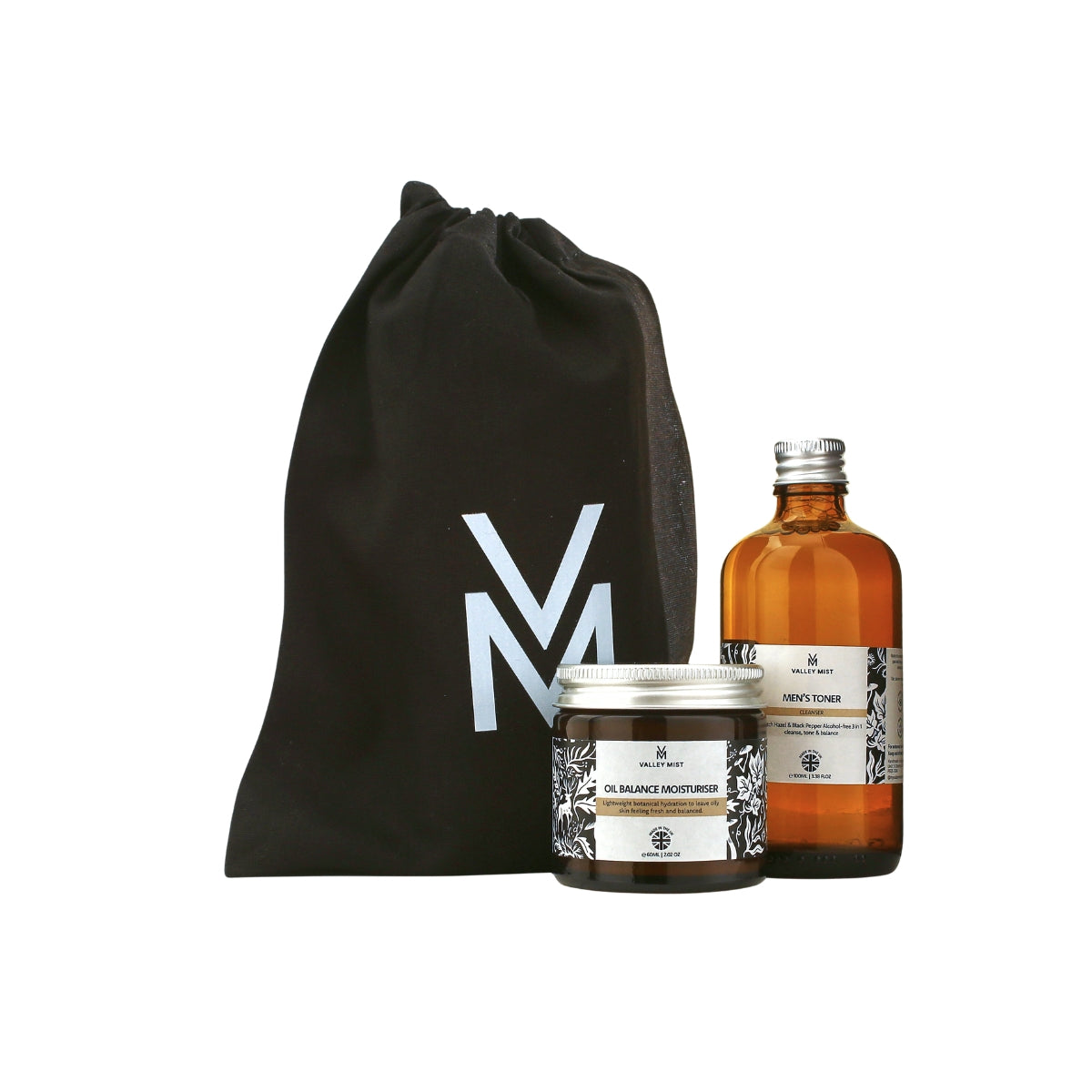 men's natural skincare gift set in black cotton drawer string bag