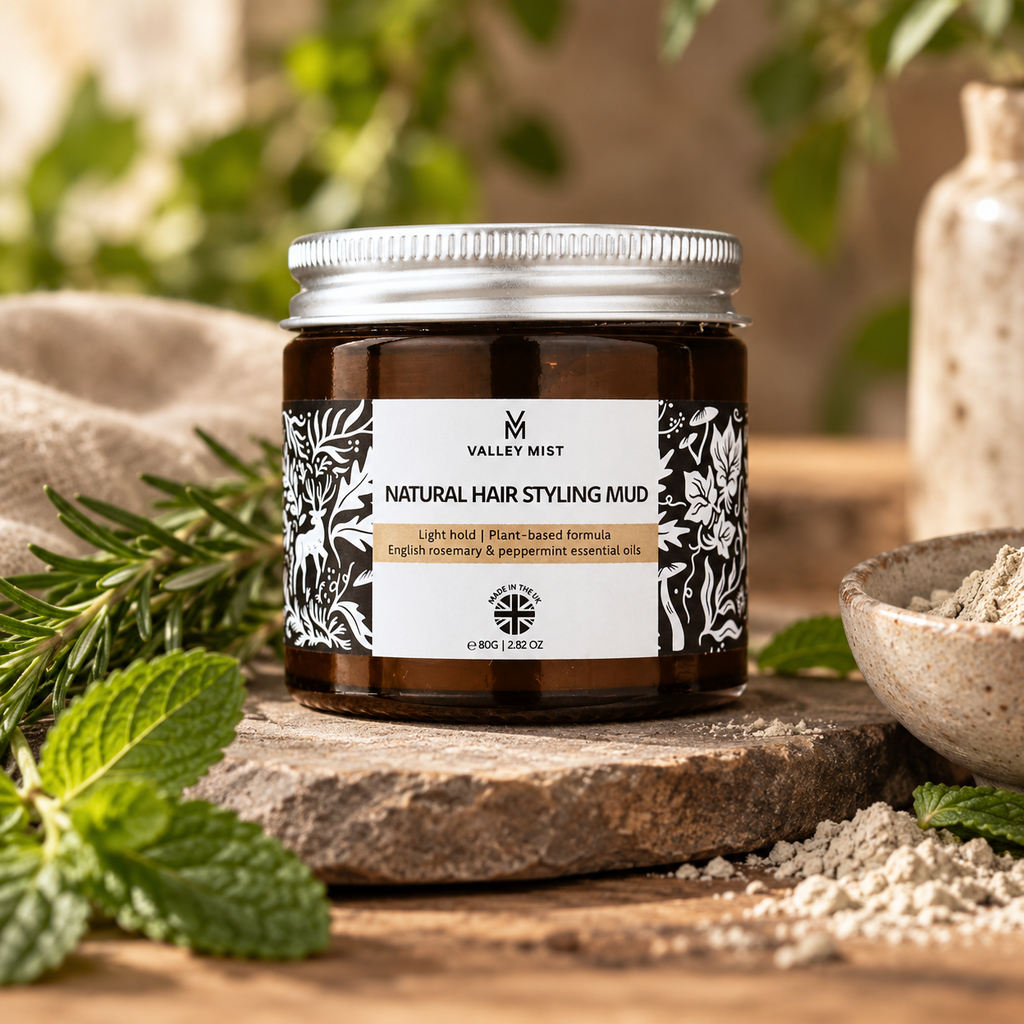 A jar of Valley Mist Natural Hair Styling Mud sits on a rustic wooden slice surrounded by ingredient herbs and a small bowl of powder, with a softly blurred natural background.