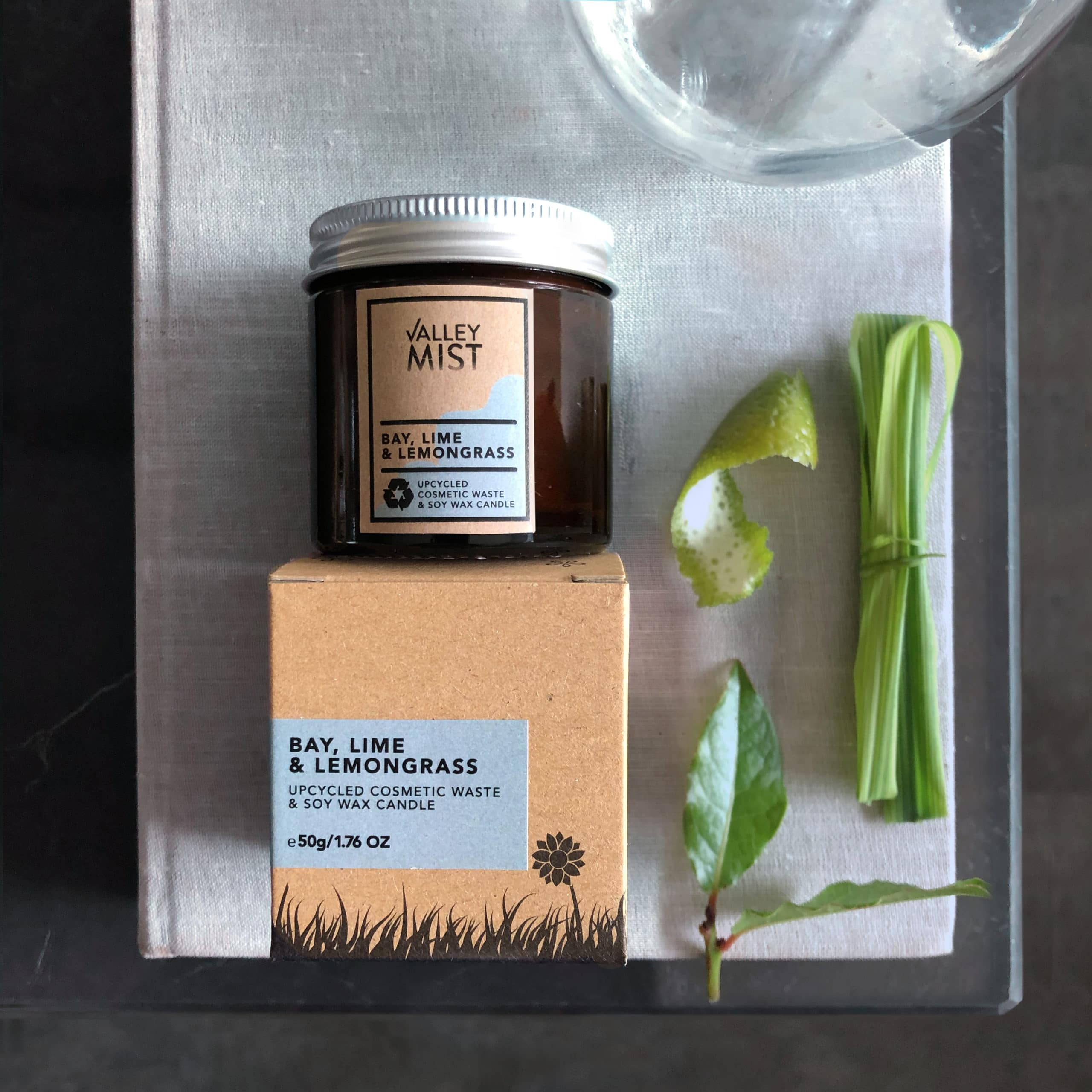 natural upcycled soy candle. from valley mist with bay lime and lemongrass