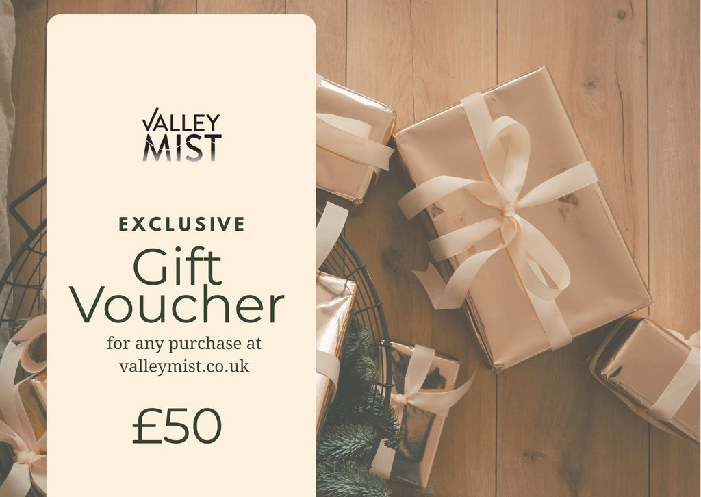 A Valley Mist £50 gift voucher card on the left, featuring the brand name and text 'Exclusive Gift Voucher for any purchase at valleymist.co.
