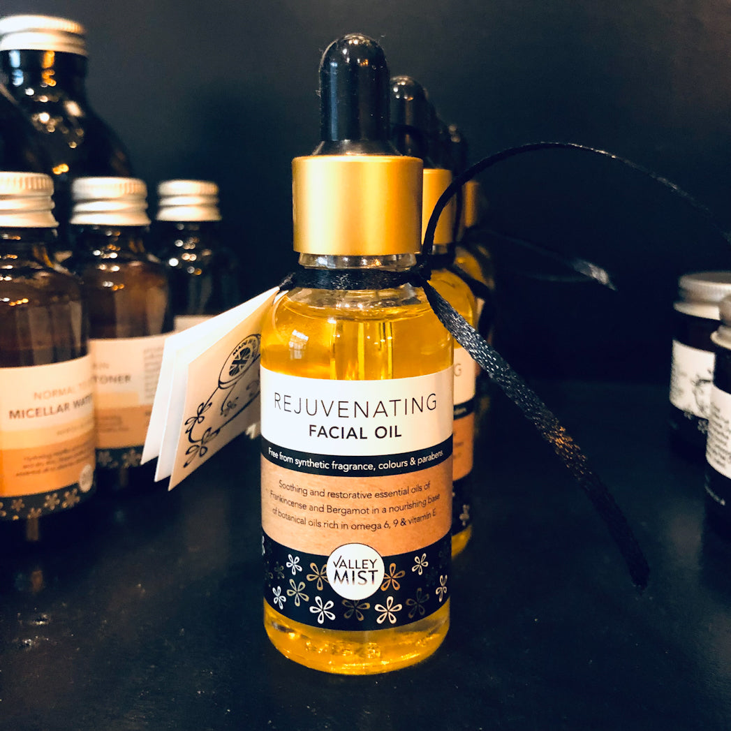 rose hip and evening primrose facial oil bought as a calming oil in the Valley Mist shop