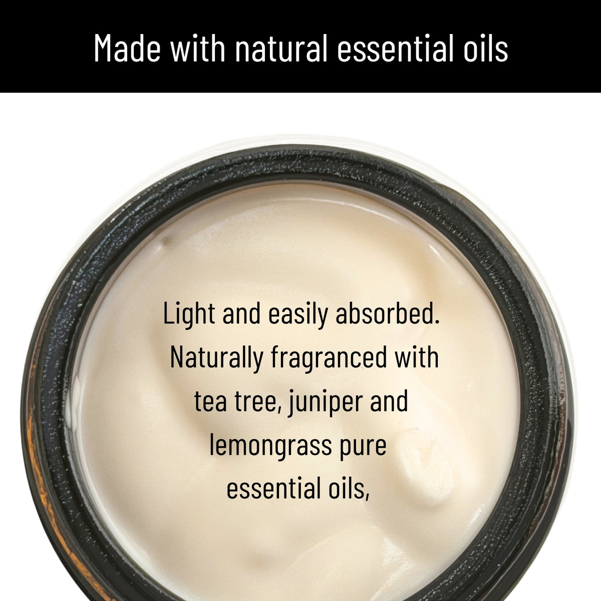 amber glass jar close up detail of moisturiser with text explaining the essential oils used to scent the moisturiser