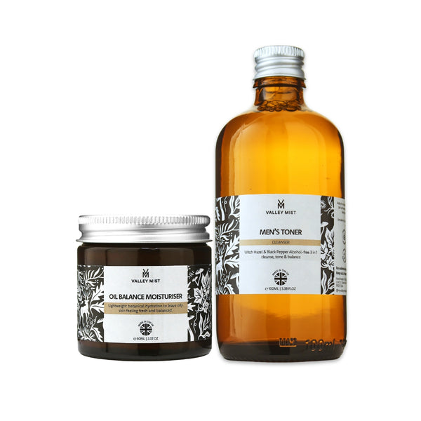Valley Mist Men's Oil-Balance Skincare Gift Set for oily and combination skin, featuring alcohol-free Witch Hazel & Black Pepper Toner and lightweight facial moisturiser.