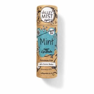 Valley Mist Vegan Mint lip balm in plastic free packaging push up tube.