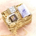 Lavender bath time treat gift box on pink background