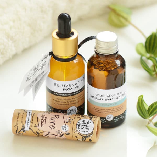 natural skincare winter rescue bundle with lip balm, face oil and combination skin toner.