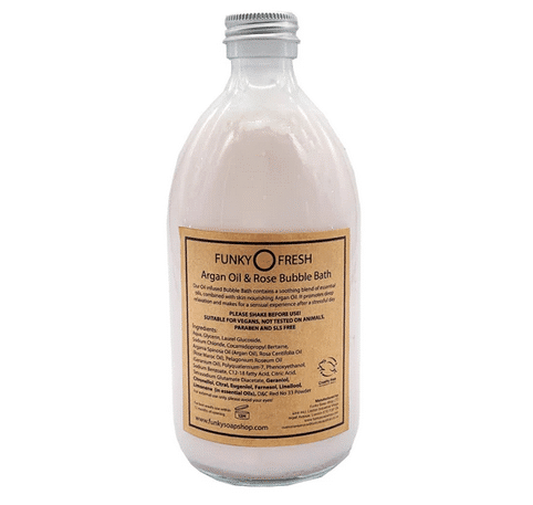 Argan Oil and Rose Bubble Bath Label Reverse In Glass Bottle