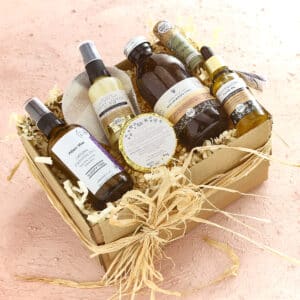 Natural and organic wellness gift box on pink background