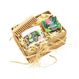 Faith In Nature hair care gift box with hair conditioning mask and shampoo bar and wide tooth wide wooden comb